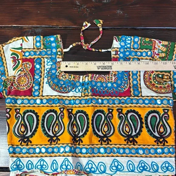 Blue and Yellow Short Sleeve Crop Blouse with Tie Front - Picture 9 of 13